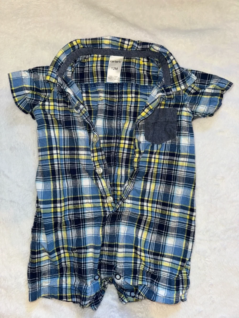 Carter's Blue, Navy & Yellow Plaid Short-Sleeve Romper